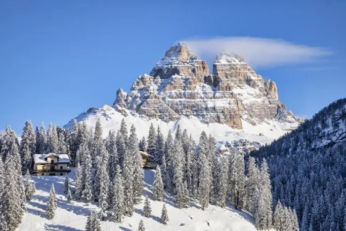 Framed Print : Dolomites, Italy, Veneto, Auronzo di Cadore. Tre Cime di Lavaredo in winter seen