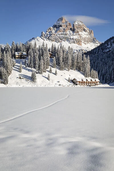 Dolomites, Italy, Veneto, Auronzo di Cadore. Tre Cime di Lavaredo in winter seen