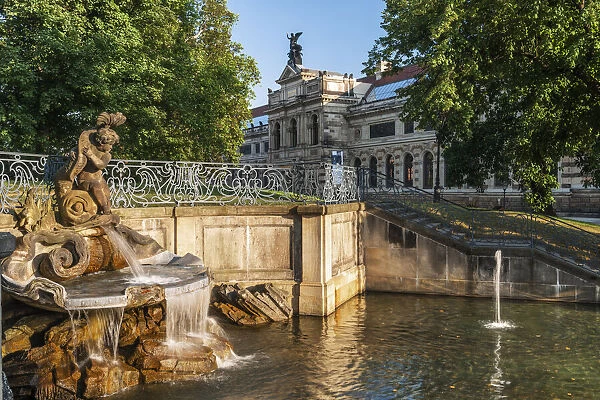 Dolphin Fountain at Bruehl's Terrace, Dresden, Saxony, Germany, Europe