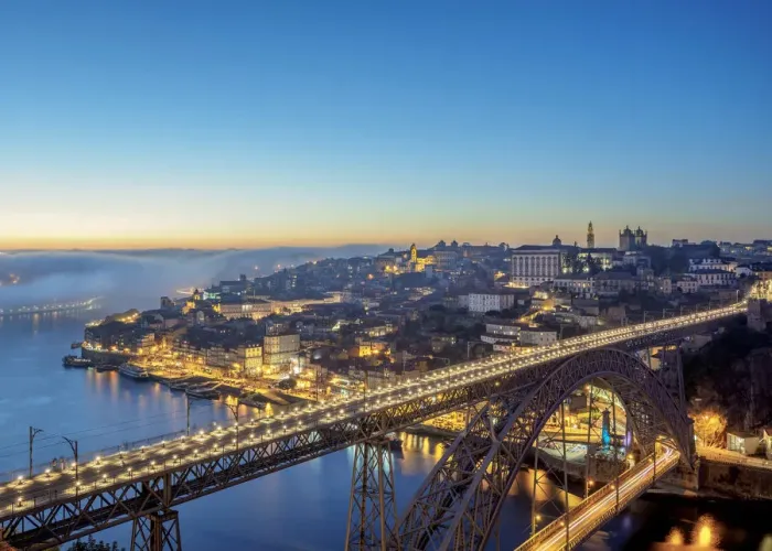 Framed Print : Dom Luis I Bridge at dusk, elevated view, Porto, Portugal Framed Print : Dom Luis I Bridge at dusk, elevated view, Porto, Portugal