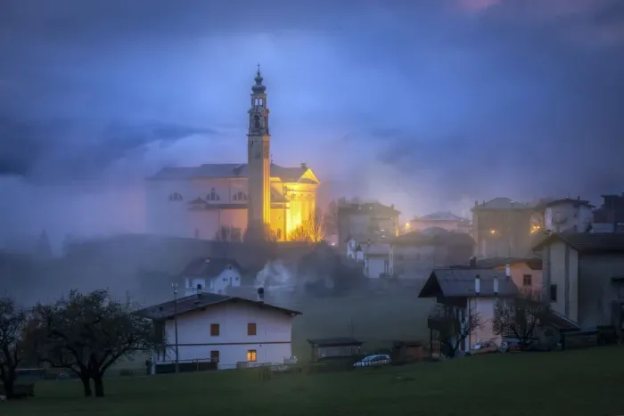 Framed Print : Domegge di Cadore at dusk with the church of San Giorgio martire, Cadore, Belluno, Veneto Framed Print : Domegge di Cadore at dusk with the church of San Giorgio martire, Cadore, Belluno, Veneto