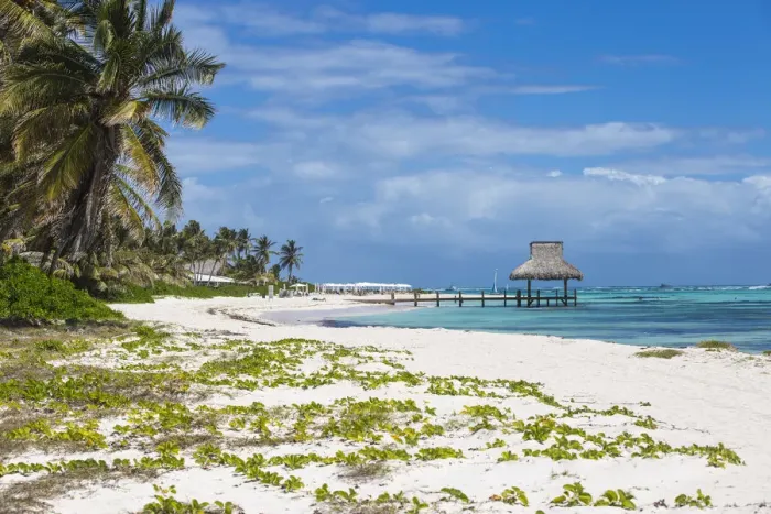 Framed Print : Dominican Republic, Punta Cana, Playa Blanca, Wooden pier with thatched hut Framed Print : Dominican Republic, Punta Cana, Playa Blanca, Wooden pier with thatched hut