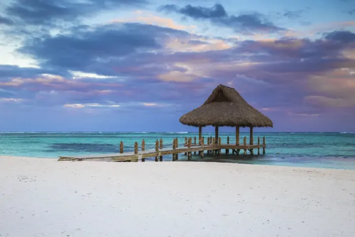 Framed Print : Dominican Republic, Punta Cana, Playa Blanca, Wooden pier with thatched hut Framed Print : Dominican Republic, Punta Cana, Playa Blanca, Wooden pier with thatched hut