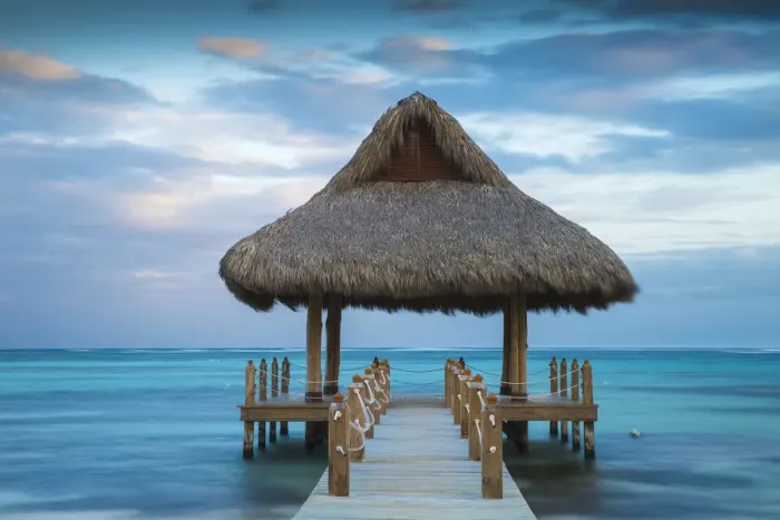 Framed Print : Dominican Republic, Punta Cana, Playa Blanca, Wooden pier with thatched hut Framed Print : Dominican Republic, Punta Cana, Playa Blanca, Wooden pier with thatched hut