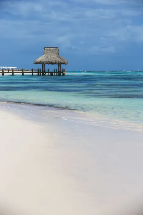 Framed Print : Dominican Republic, Punta Cana, Playa Blanca, Wooden pier with thatched hut