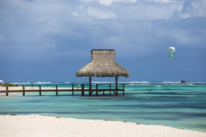 Framed Print : Dominican Republic, Punta Cana, Playa Blanca, Wooden pier with thatched hut Framed Print : Dominican Republic, Punta Cana, Playa Blanca, Wooden pier with thatched hut