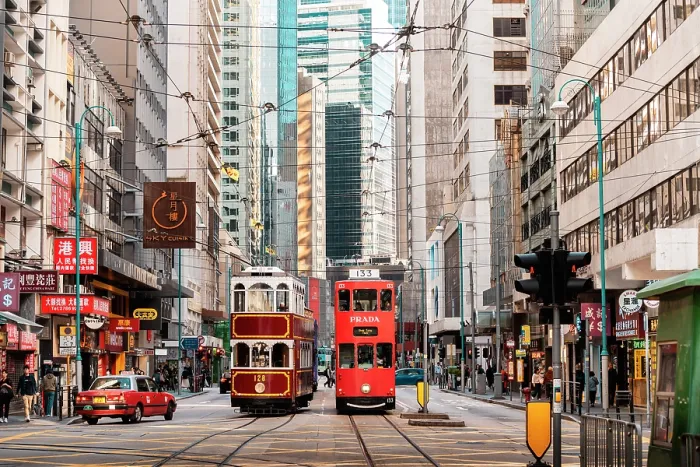 Framed Print : Double-decker trams in Central Hong Kong, Hong Kong Island, Hong Kong, China Framed Print : Double-decker trams in Central Hong Kong, Hong Kong Island, Hong Kong, China
