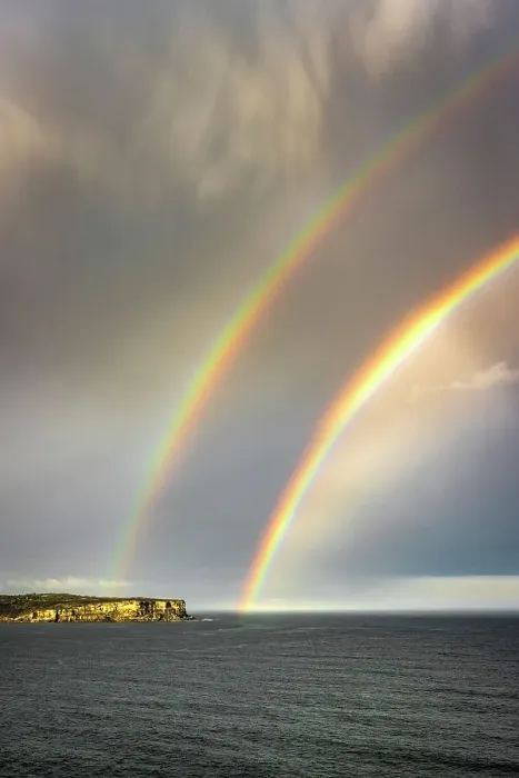 Framed Print : Double rainbow over North Head as a storm front moves offshore, Sydney, New South Wales, Australia