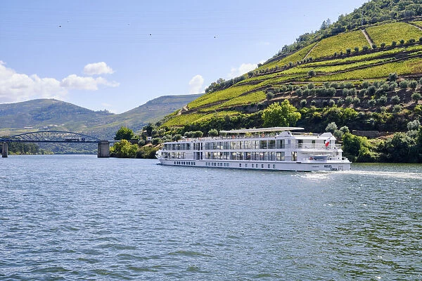 A Douro river cruise ship passing along the village of Pinhao