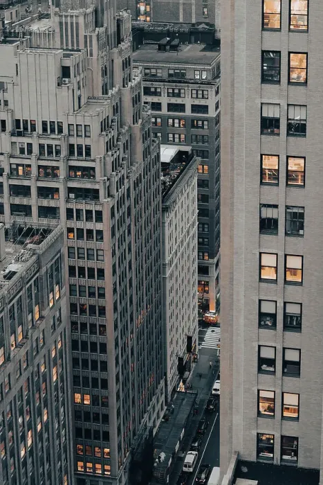 Framed Print : Downton Manhattan, cinematic tones on buildings from above. New York City, USA