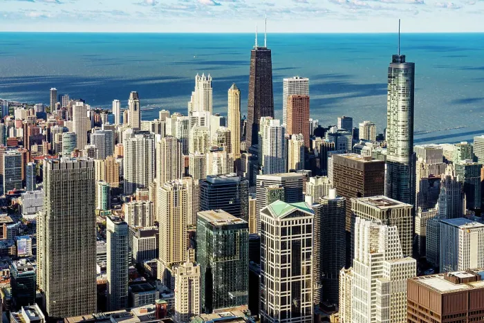 Framed Print : Downtown Chicago Skyline With views of Hancock Tower and Trump Tower, Lake Michigan, Chicago, Illinois, Midwest, USA