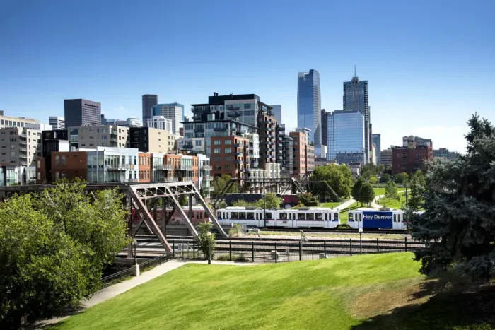 Framed Print : Downtown Denver, Colorado, Housing, Offices, Commuter Train
