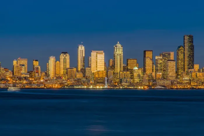 Framed Print : Downtown skyline at dusk, Seattle, Washington, USA