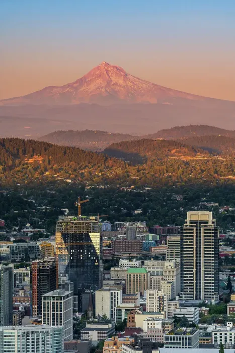 Framed Print : Downtown skyline and Mt. Hood at sunset, Portland, Oregon, USA