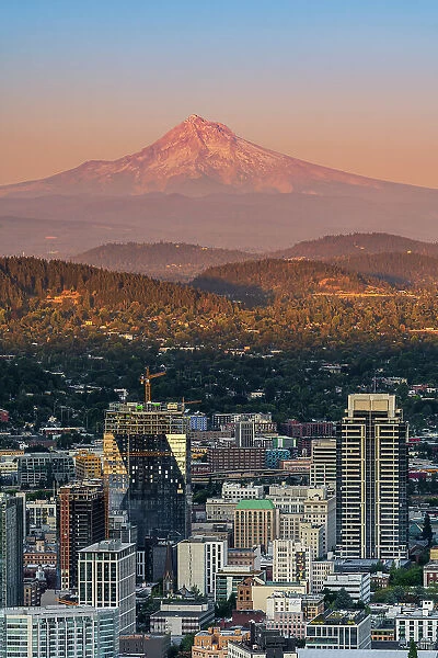 Downtown skyline and Mt. Hood at sunset, Portland, Oregon, USA