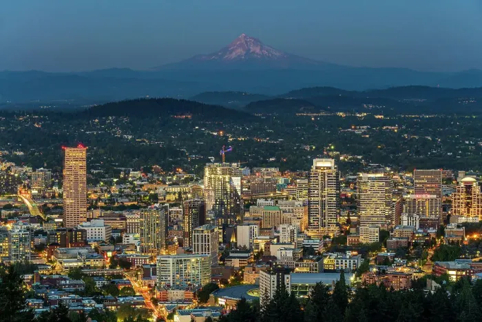 Framed Print : Downtown skyline and Mt. Hood at twilight, Portland, Oregon, USA Framed Print : Downtown skyline and Mt. Hood at twilight, Portland, Oregon, USA
