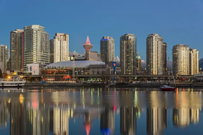 Framed Print : Downtown skyline reflected into the False Creek at sunrise, Vancouver, British Columbia Framed Print : Downtown skyline reflected into the False Creek at sunrise, Vancouver, British Columbia