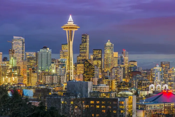 Framed Print : Downtown skyline with Space Needle at dusk, Seattle, Washington, USA