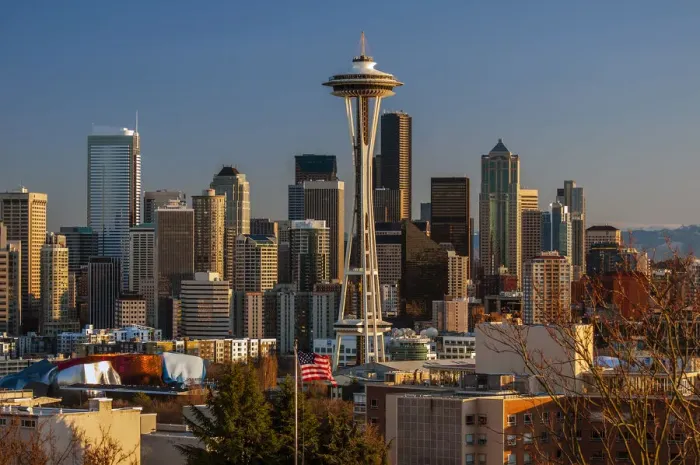 Framed Print : Downtown skyline view at sunset from Queen Anne with Space Needle, Seattle, Washington Framed Print : Downtown skyline view at sunset from Queen Anne with Space Needle, Seattle, Washington