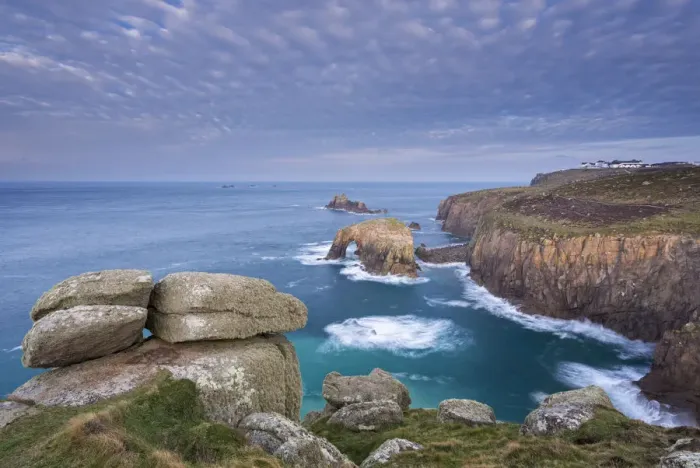 Framed Print : Dramatic coastal scenery at Lands End in West Cornwall, England. Winter Framed Print : Dramatic coastal scenery at Lands End in West Cornwall, England. Winter