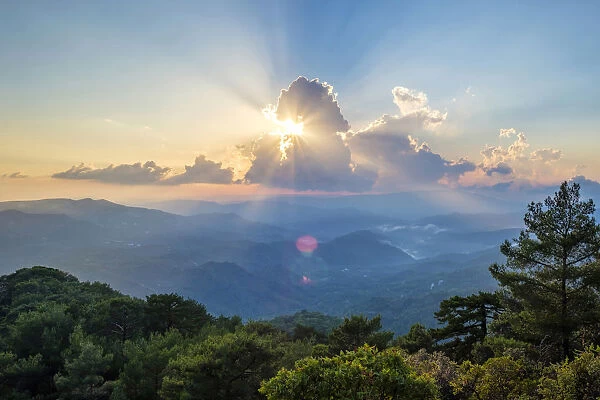 Dramatic sunset over the Troodos mountain range, Pano Platres, Limassol District, Cyprus