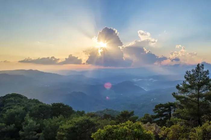 Framed Print : Dramatic sunset over the Troodos mountain range, Pano Platres, Limassol District, Cyprus Framed Print : Dramatic sunset over the Troodos mountain range, Pano Platres, Limassol District, Cyprus