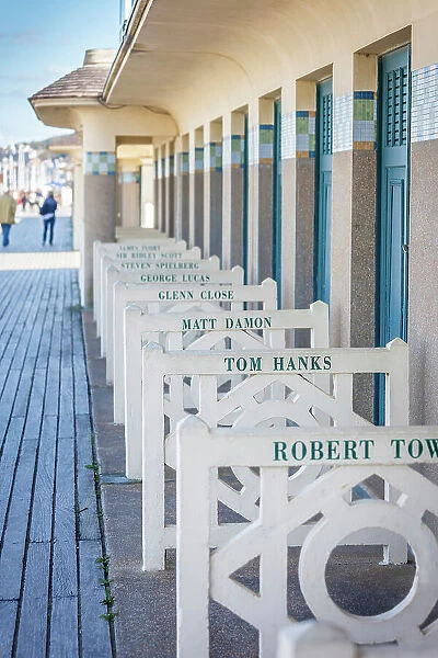 Dressing rooms with actors` names at Deauville lido, Calvados, Normandy, France