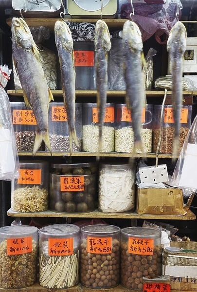Dried fish hanging up at dried seafood stall, Des Voeux Road West, Sheung Wan, Hong Kong