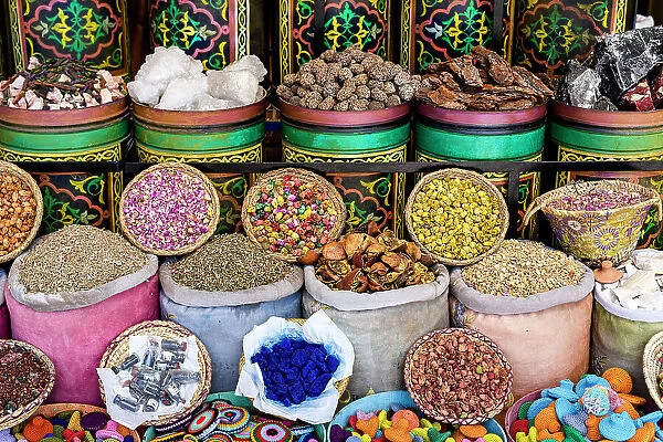 Dried flowers and herbs for sale in the traditional souk of medina, Marrakech, Morocco