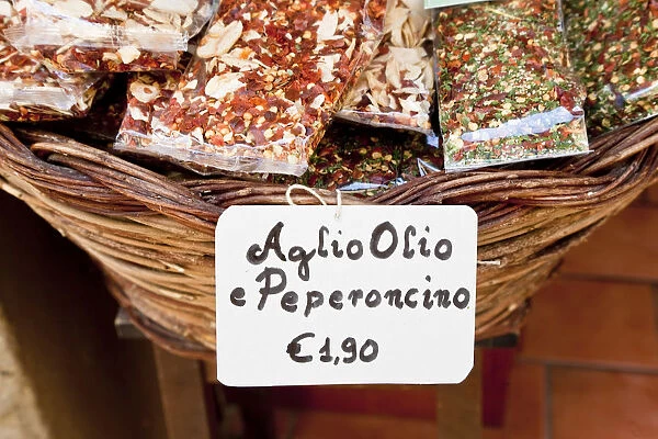Dried peperoncino chilli flakes for Aglio Olio pasta sauce, Pienza, Tuscany, Italy