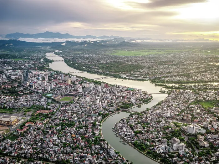 Framed Print : Drone view of Hue city at sunset, Central Vietnam