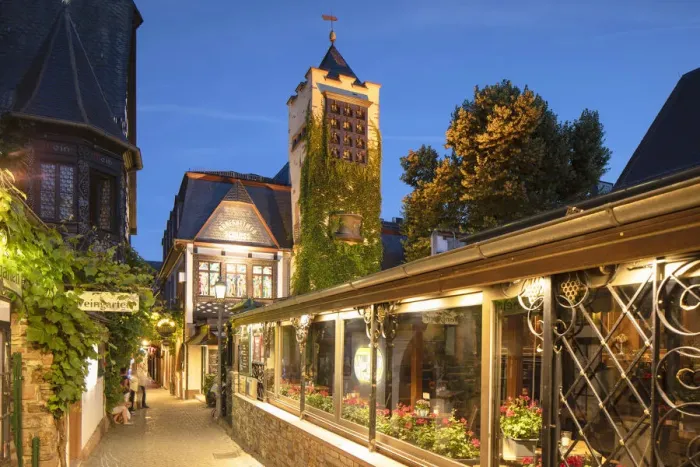 Framed Print : Drosselgasse Street at dusk, Rudesheim, Rhineland-Palatinate, Germany Framed Print : Drosselgasse Street at dusk, Rudesheim, Rhineland-Palatinate, Germany
