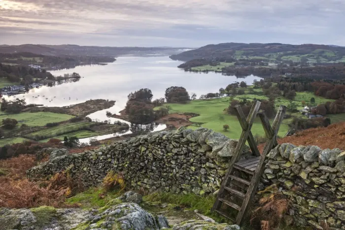 Framed Print : Dry stone wall and wooden stile above Lake Windermere, Lake District, Cumbria, England Framed Print : Dry stone wall and wooden stile above Lake Windermere, Lake District, Cumbria, England
