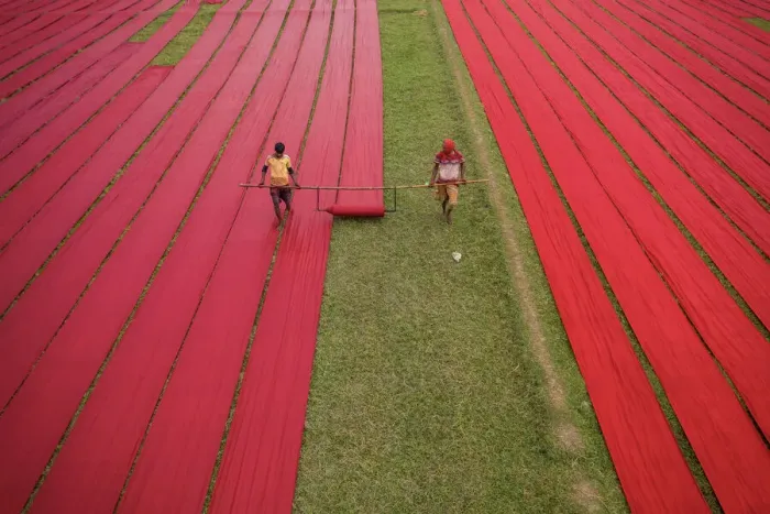 Framed Print : Drying red fabrics under sunlight, Narsingdi, Bangladesh Framed Print : Drying red fabrics under sunlight, Narsingdi, Bangladesh