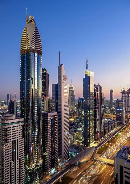 Dubai International Financial Centre at dusk, elevated view, Dubai, United Arab Emirates