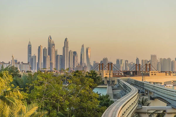 Dubai Skyline from Palm Jumeirah Monorail, Dubai, United Arab Emirates