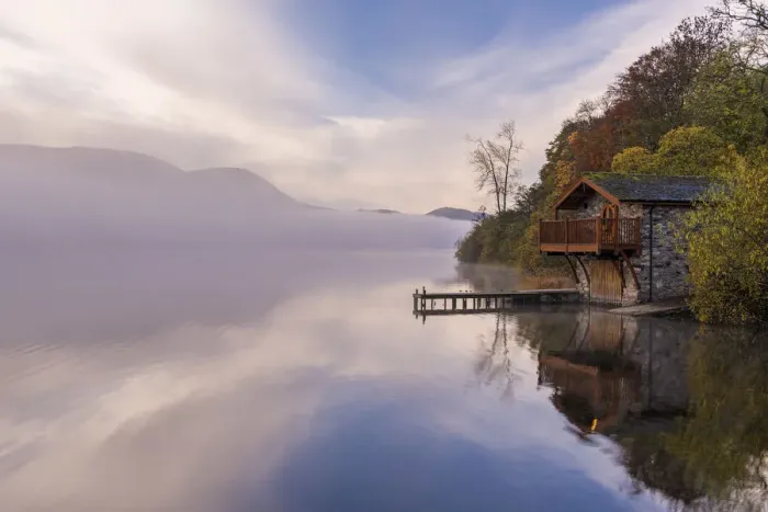 Framed Print : Duke of Portland Boathouse on misty Ullswater, Lake District, Cumbria, England. Autumn