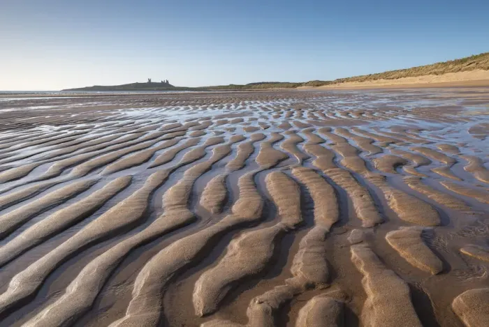 Framed Print : Dunstanburgh Castle across a pristine, sandy Embleton Bay, Northumberland, England