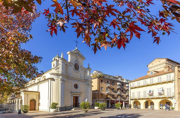 Duomo square during autumn. Village of Alba, Piedmont, Italy, Europe