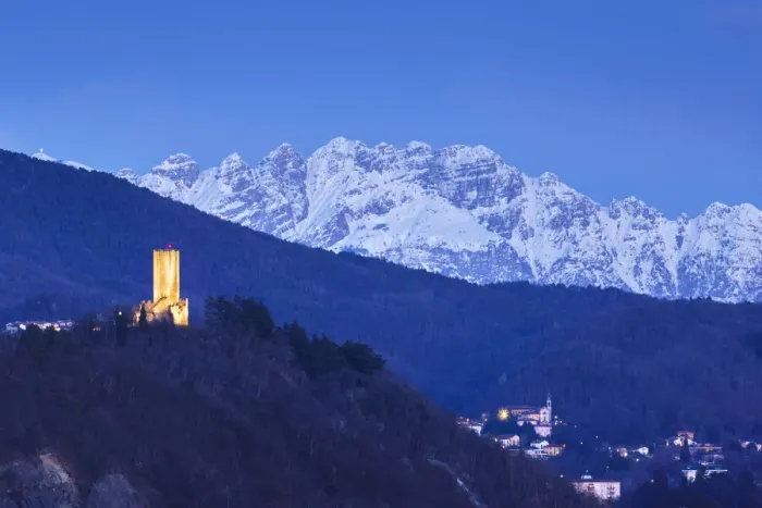 Framed Print : Dusk on Baradello tower (Como city) and Resegone mount (Lecco province), lake Como