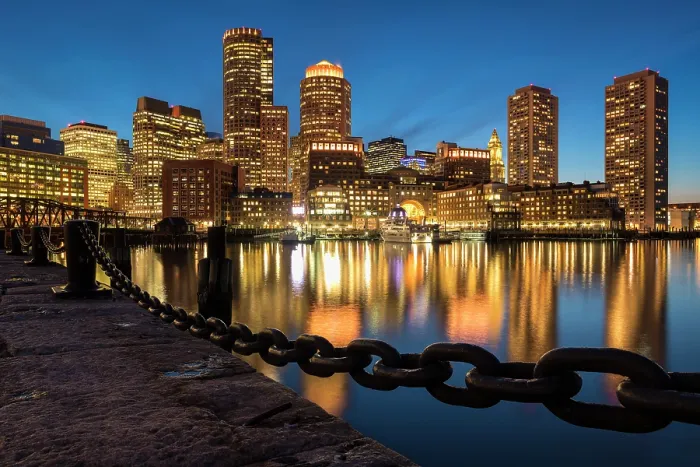 Framed Print : Dusk from Fan Pier Park in Boston, Massachusetts, USA Framed Print : Dusk from Fan Pier Park in Boston, Massachusetts, USA