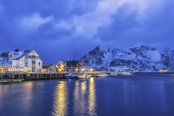 Framed Print : Dusk in Henningsvaer with the first lights of the evening light up. Lofoten Islands Framed Print : Dusk in Henningsvaer with the first lights of the evening light up. Lofoten Islands