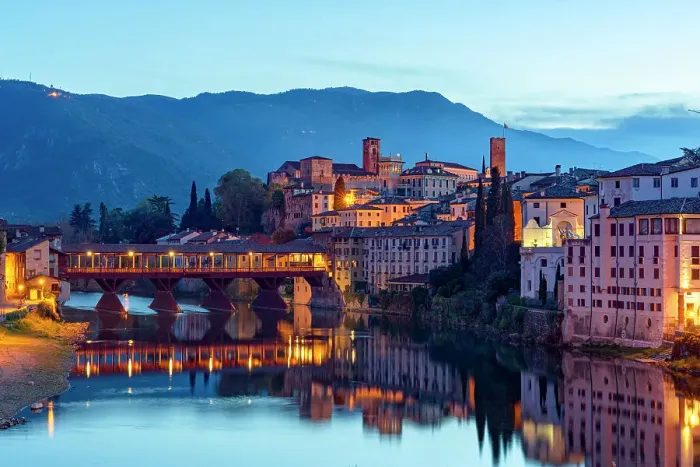 Framed Print : Dusk over the iconic Ponte Vecchio bridge reflected in river Brenta, Bassano Del Grappa, Vicenza province, Veneto, Italy