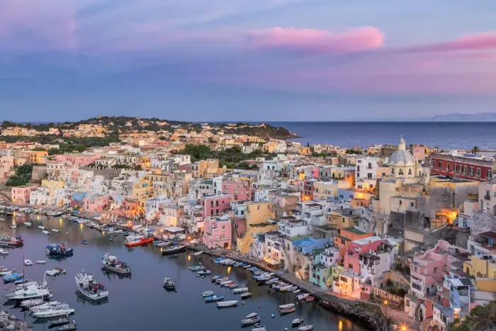 Framed Print : Dusk at Marina di Corricella, Procida island, Neaples province, Campania region, Italy Framed Print : Dusk at Marina di Corricella, Procida island, Neaples province, Campania region, Italy