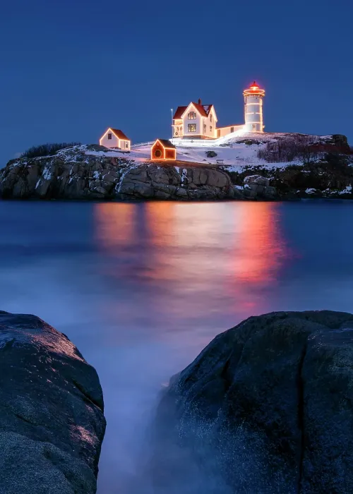 Framed Print : Dusk at Nubble Lighthouse with holiday lights, Cape Neddick, Maine, USA Framed Print : Dusk at Nubble Lighthouse with holiday lights, Cape Neddick, Maine, USA