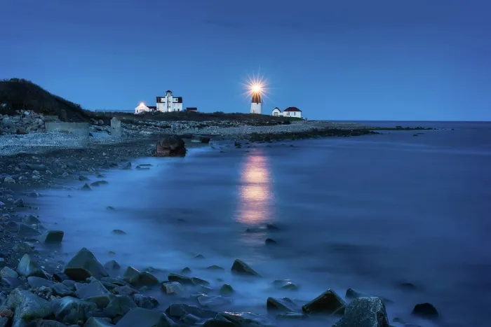 Framed Print : Dusk over Point Judith Lighthouse on Narragansett Bay, Point Judith, Rhode Island, USA Framed Print : Dusk over Point Judith Lighthouse on Narragansett Bay, Point Judith, Rhode Island, USA