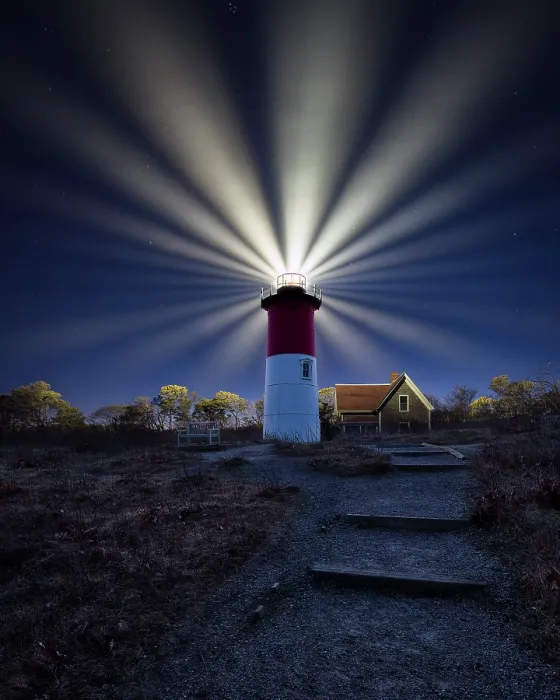 Framed Print : Dusk with rotating beam at Nauset Beach Lighthouse on Cape Cod, Eastham, Massachusetts, USA Framed Print : Dusk with rotating beam at Nauset Beach Lighthouse on Cape Cod, Eastham, Massachusetts, USA