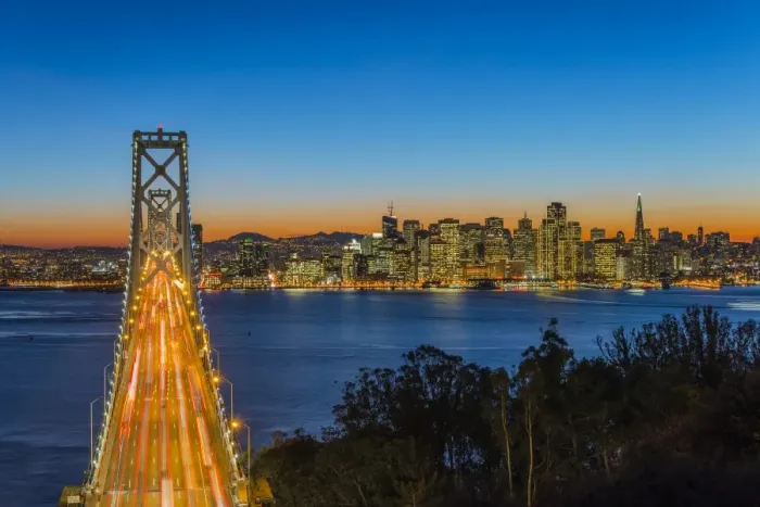 Framed Print : Dusk view over Bay Bridge and downtown skyline from Yerba Buena Island, San Francisco