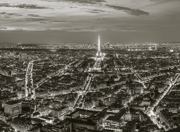 Dusk view over Eiffel Tower & Paris, France