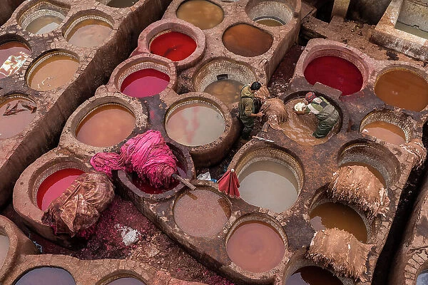 Dying pits at leather tannery, Fez, Morocco